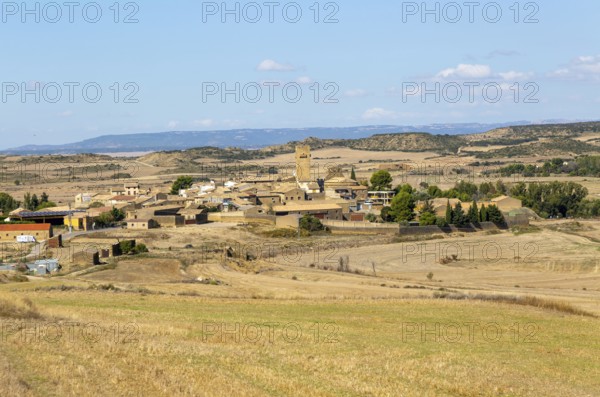 Landscape view of historic medieval village of Layana, Cinco Villas, Zaragoza province, Aragon, Spain