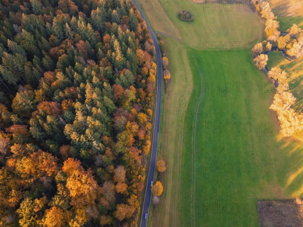 Road runs through a natural backdrop of colorful autumn forests and green fields in an aerial view, Lehenweiler, Aidlingen, Böblingen district, Germany