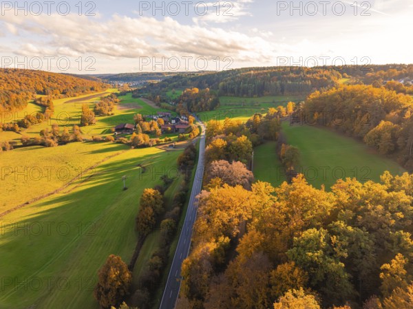 Aerial view of an autumn landscape with forests and fields at sunset, Lehenweiler, Aidlingen, Böblingen district, Germany