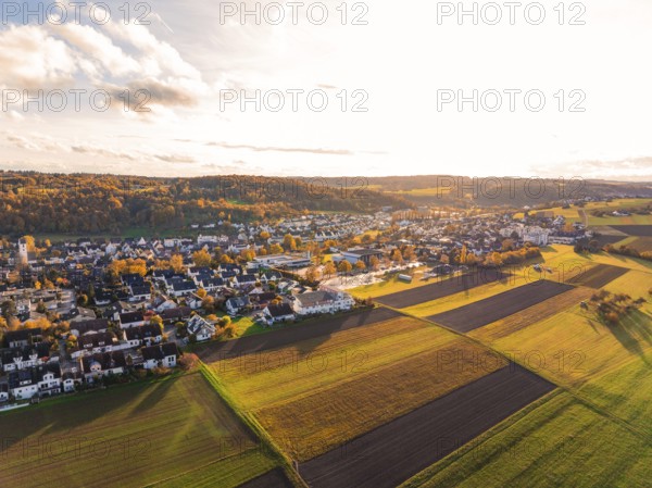 Bird's-eye view of village in autumn, Aidlingen, Böblingen district, Germany
