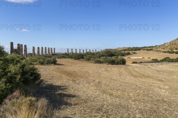 Stone columns of ancient aqueduct, Roman site of Los Banales, near Layana, Zaragoza province, Aragon, Spain