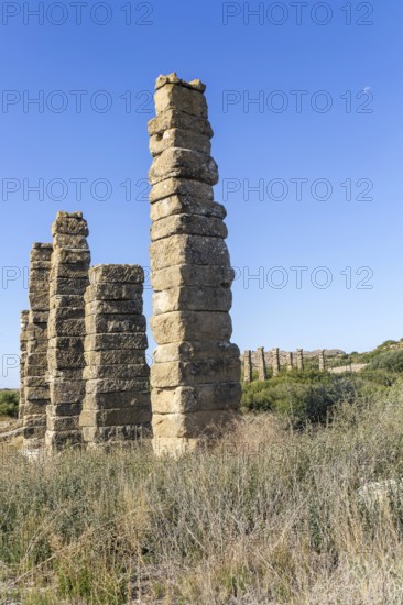 Stone columns of ancient aqueduct, Roman site of Los Banales, near Layana, Zaragoza province, Aragon, Spain