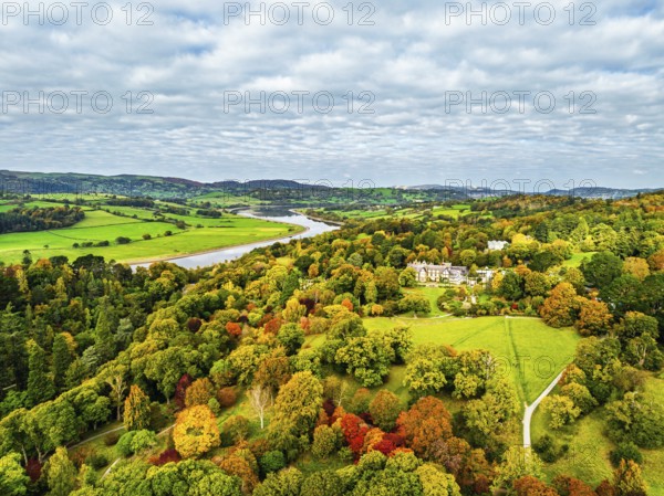 Autumn colours over Bodnant House and Garden from a drone, Conwy River, Colwyn Bay, Conwy, Wales, England, United Kingdom