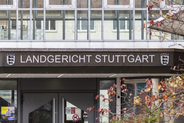 Stuttgart Regional Court. Lettering on the courthouse. Stuttgart, Baden-Württemberg, Germany