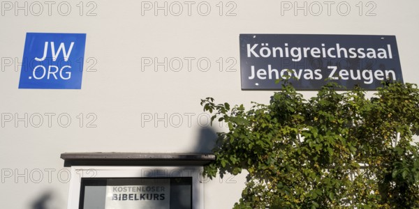 Façade with sign, JW. ORG, Kingdom Hall, Jehovah's Witnesses, Bad Tölz, Upper Bavaria, Bavaria, Germany