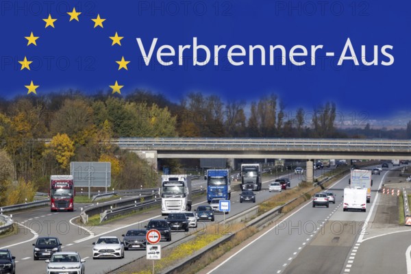 (Photo montage) Combustion Off Symbolic image: Photo of a motorway with text COMBUSTION OFF on the European flag at the top of the screen