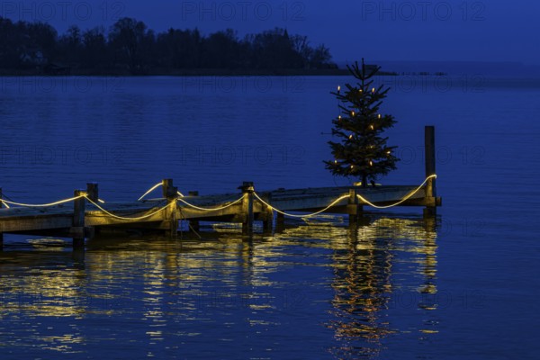 Illuminated Christmas tree at dawn, on an illuminated boat dock, Dießen am Lake Ammer, Upper Bavaria, Bavaria, Germany