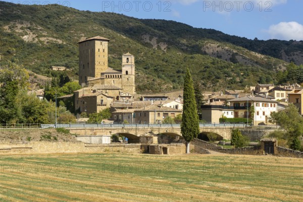 Landscape view from countryside of medieval village of Biel, Cinco Villas, Zaragoza province, Aragon, Spain