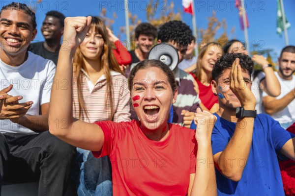 Diverse young people cheering excitedly at a stadium, wearing team colors and face paint while enthusiastically showing support for their favorite team at a sporting event