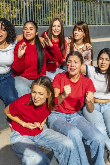 Group of diverse young women friends wearing red shirts and face paint, sitting together and expressing excitement while enthusiastically watching a sports game outdoors