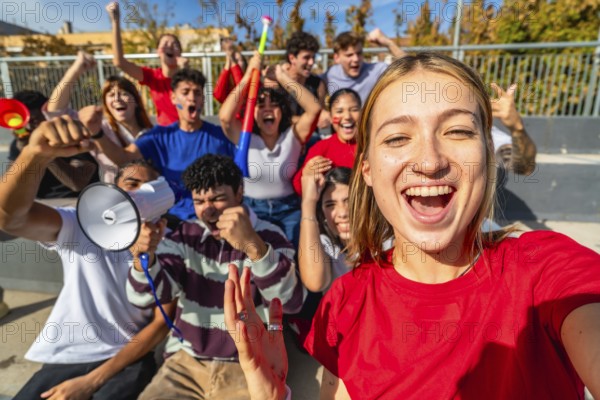 Young diverse fans cheering and taking a selfie in sunny stadium stands, celebrating their team with joyful smiles, energy and friendship during an exciting match