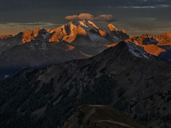 Mountain landscape, morning light, cloud atmosphere, autumn, aerial view, Giau Pass, view of Marmolada, Dolomites, Italy