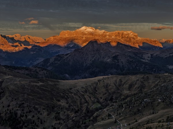 Mountain landscape, morning light, cloud atmosphere, autumn, aerial view, Giau Pass, view of Tofana Group, Dolomites, Italy
