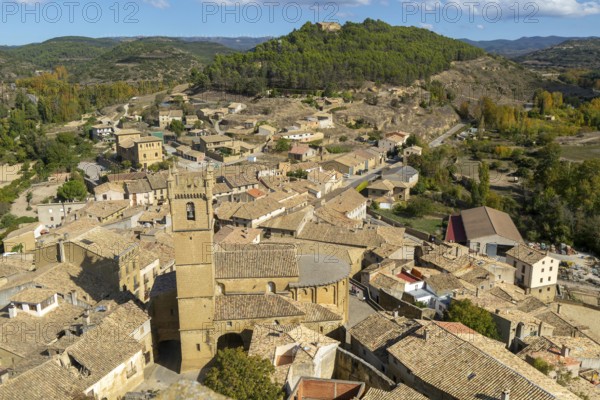 Church tower and rooftops of medieval village of Uncastillo, Cinco Villas, Zaragoza province, Aragon, Spain