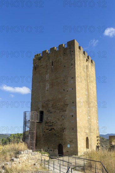 Castle tower in medieval village of Uncastillo, Cinco Villas, Zaragoza province, Aragon, Spain
