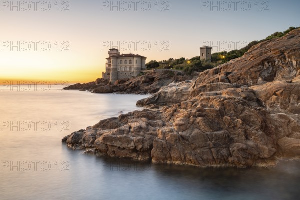 Castello del Boccale in the evening, castle on the coast, Livorno, Tuscany, Italy