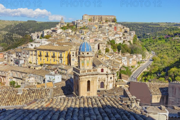 Elevated view of the church of Santa Maria dell'Itria and Ragusa Ibla in the distance, Ragusa Ibla, Ragusa province, Sicily, Italy