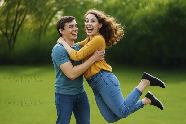 A young man happily lifts up a young woman laughing, symbolic picture couple, in love, feeling, love, flirtation, AI generated, AI generated
