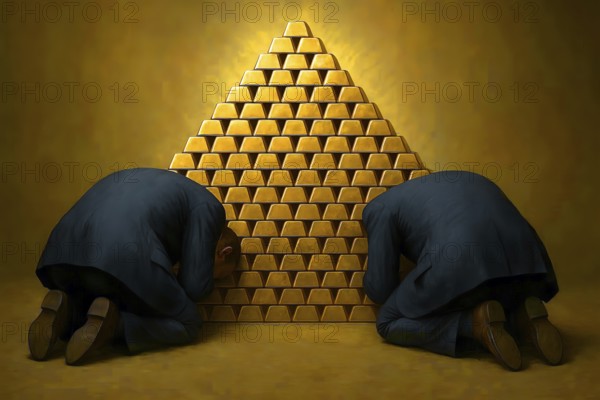 Two men worship a pile of gold bars and bow down, symbolizing gold, wealth, power, greed, luxury, waste, precious metal, AI generated, AI generated
