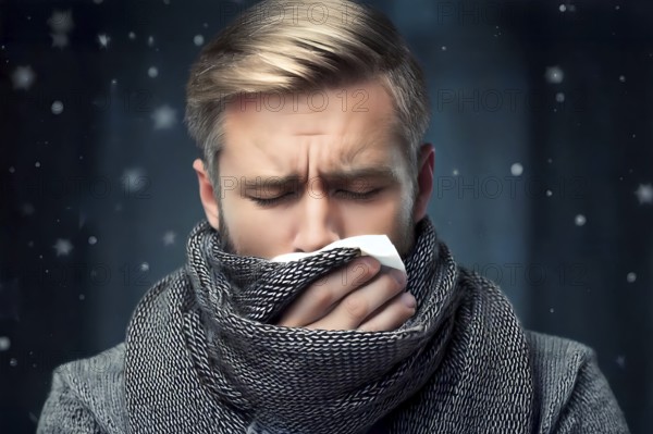 A man with severe cold, symbol cold, sick, illness, cough, fever, health, health care, flu, flu effect, AI generated, AI generated