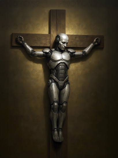 A humanoid robot is nailed to the cross, symbol of religion, faith, technology, martyr, believing in technology, hostile to technology, rejection, progress, mechanization, crucifixion, Android, AI generated, AI generated