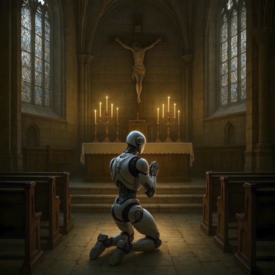 A humanoid robot kneels in a church and prays, symbol image android, technology, robotics, feeling, religion, church, electronics, bionics, AI generated, AI generated
