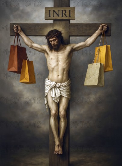 Jesus Christ is nailed to the cross and holds shopping bags in his hands, symbolic image of waste, shopping, luxury, consumer behavior, greed, Inri, AI generated, AI generated