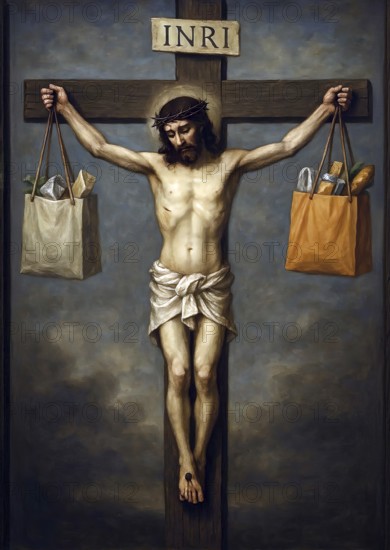Jesus Christ is nailed to the cross and holds bulging shopping bags in his hands, symbolizing waste, shopping, luxury, consumer behavior, greed, inri, AI generated, AI generated