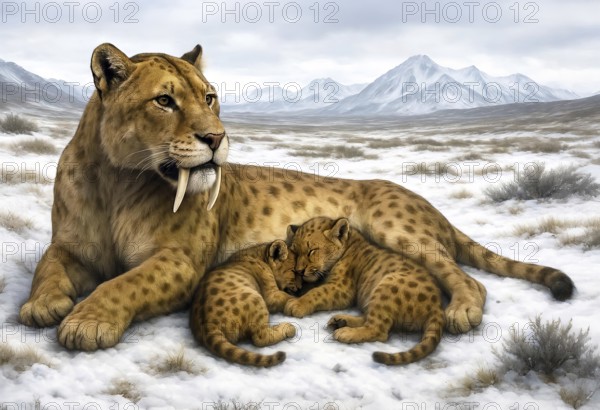 A sabre-toothed tiger, sabre-toothed cat, smilodon (Machairodontinae) with young animals resting in the cold steppe during the ice age, symbolic image predator, prehistoric, extinct, animal portrait, Pleistocene, AI generated, AI generated