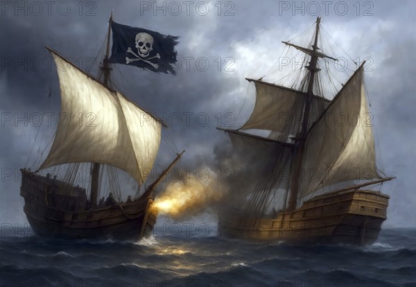 A sailing ship with the pirate flag on the mast fires from the cannons at another ship, symbolic image pirates, buccaneers, seafaring, naval combat, AI generated, AI generated