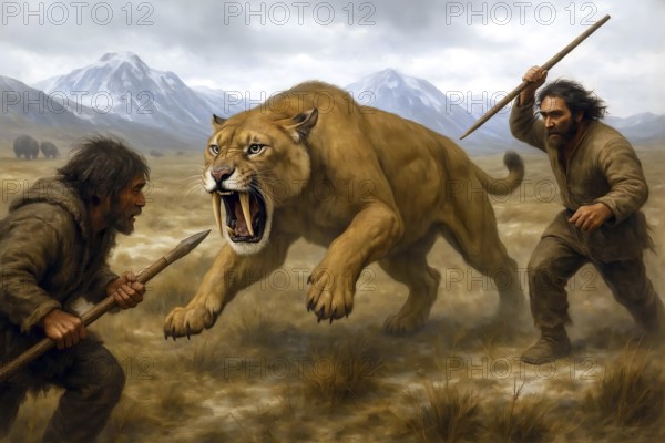 A sabre-toothed tiger, sabre-toothed cat, smilodon (Machairodontinae) in the cold steppe during the ice age is attacked by prehistoric hunters with spears, symbol predator, prehistoric, extinct, animal portrait, Pleistocene, AI generated, AI generated