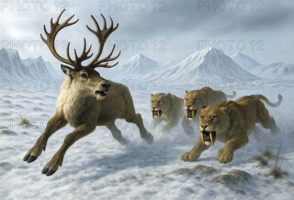 A reindeer is hunted by sabre-toothed tigers, sabre-toothed cats, smilodon (Machairodontinae) in the cold steppe during the ice age, symbol predator, prehistoric, extinct, animal portrait, Pleistocene, AI generated, AI generated