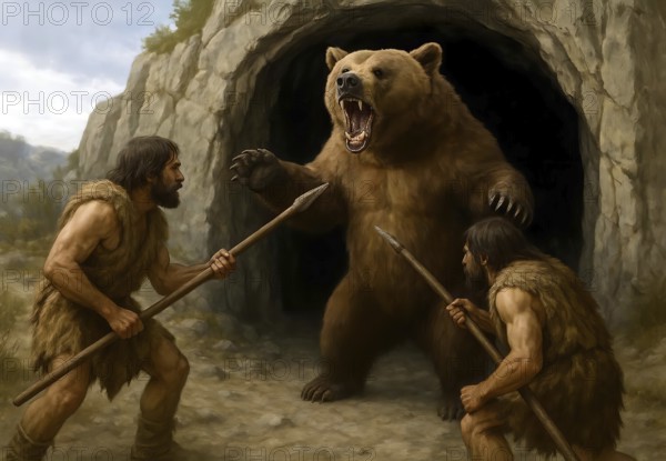 An ice age cave bear (Ursidae) is attacked with spears in front of its cave by prehistoric hunters, symbolic image cold age, ice age, predator, animal world, extinct, prehistoric, AI generated, AI generated