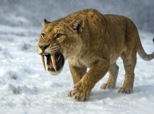A sabre-toothed tiger, sabre-toothed cat, smilodon (Machairodontinae) in the snow of the cold steppe during the ice age, symbol predator, prehistoric, extinct, animal portrait, Pleistocene, AI generated, AI generated