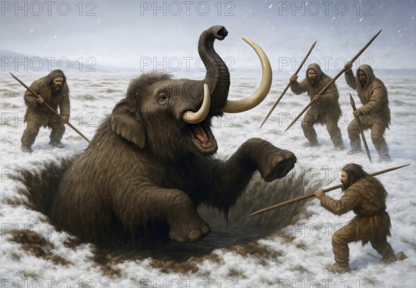 A mammoth (mammoth) in a trap in the glacial cold steppe is attacked by prehistoric hunters with spears, symbolic image woolly mammoth, mammoth primigenius, elephant, ice age, prehistoric, extinct, animal world, AI generated, AI generated