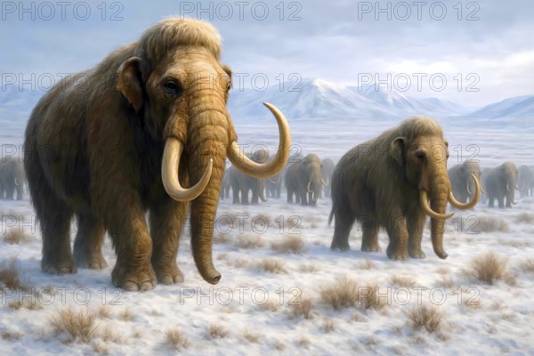 A mammoth herd (mammoth) in the glacial cold steppe, symbolic image woolly mammoth, mammoth primigenius, elephant, ice age, prehistoric, extinct, animal world, AI generated, AI generated