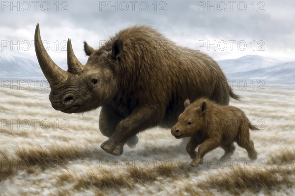 A woolly rhinoceros (Coelodonta antiquitatis) with rhinoceros calf in the glacial cold steppe, symbol rhino, ice age, cold age, extinct, wildlife, prehistoric, young animal, AI generated, AI generated