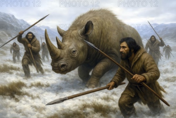 A woolly rhinoceros (Coelodonta antiquitatis) is hunted in the glacial cold steppe by prehistoric hunters with spears, symbolic image rhino, ice age, cold age, extinct, wildlife, prehistoric, AI generated, AI generated