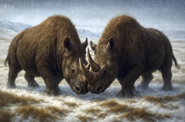 Two woolly rhinos (Coelodonta antiquitatis) meet in the glacial cold steppe, symbol rhino, ice age, cold age, extinct, animal world, prehistoric, AI generated, AI generated