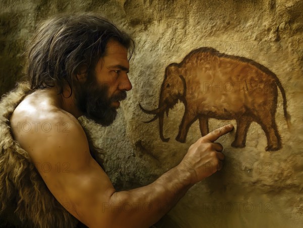 A Stone Age homo sapiens in front of a cave painting, depicting a mammoth, in a cave, symbolic image art, prehistoric, extinct, AI generated, AI generated
