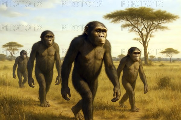 A group of Australopithecus runs through a savanna, symbol extinct, fossil, prehuman, Africa, paleontology, Australopithecines, AI generated, AI generated