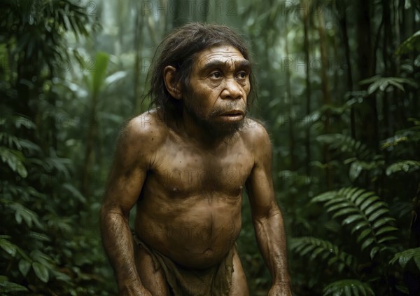A Homo Floriensis, the human from Flores, extinct in a jungle, fossil, Indonesia, prehistoric, short stature, prehistoric, AI generated, AI generated
