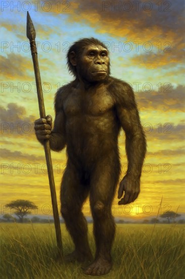 An Australopithecus stands with a spear in a savanna, symbol extinct, fossil, prehuman, Africa, paleontology, australopithecines, AI generated, AI generated
