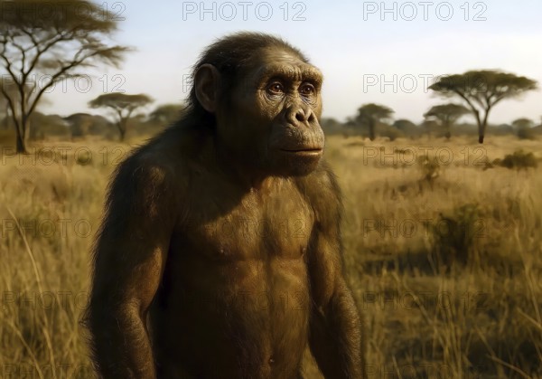 An Australopithecus africanus, a prehuman, in a savanna, symbol fossil, extinct, Hominidae, Hominoidea, Africa, prehistoric, AI generated, AI generated