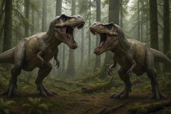 Two Tyrannosaurus rex (Theropoda) threatening turf battle in a prehistoric forest, symbol dinosaur, dinosaur, extinct, animal world, prehistoric, AI generated, AI generated