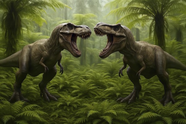 Two Tyrannosaurus rex (Theropoda) threatening in turf combat in a prehistoric forest of ferns, symbol dinosaur, dinosaur, extinct, animal world, prehistoric, AI generated, AI generated