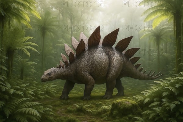 A stegosaurus (stegosauria) in a prehistoric forest of ferns, symbol dinosaur, sauropods, extinct, animal world, prehistoric, fossil, AI generated, AI generated