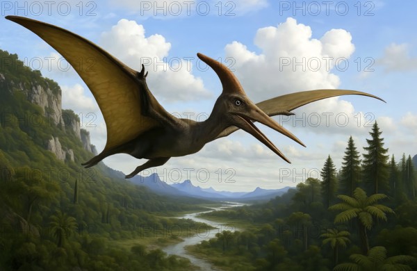 A pterodactyl (Pterodactyloidea) flies over a prehistoric landscape, symbol dinosaur, pterosaur, sauropod, prehistory, prehistory, AI generated, AI generated