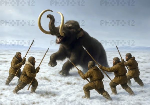 A wildly trometing mammoth (mammoth) in the glacial cold steppe is attacked by prehistoric hunters with spears, symbolic image woolly mammoth, mammoth primigenius, elephant, ice age, prehistoric, extinct, animal world, AI generated, AI generated
