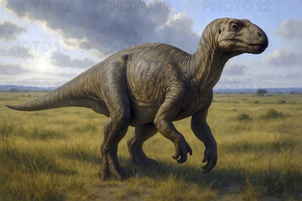 A dinosaur, an iguanodon, extinct in a steppe, symbolic image. Prehistoric, dinosaur, Cretaceous period, fossil, AI generated, AI generated